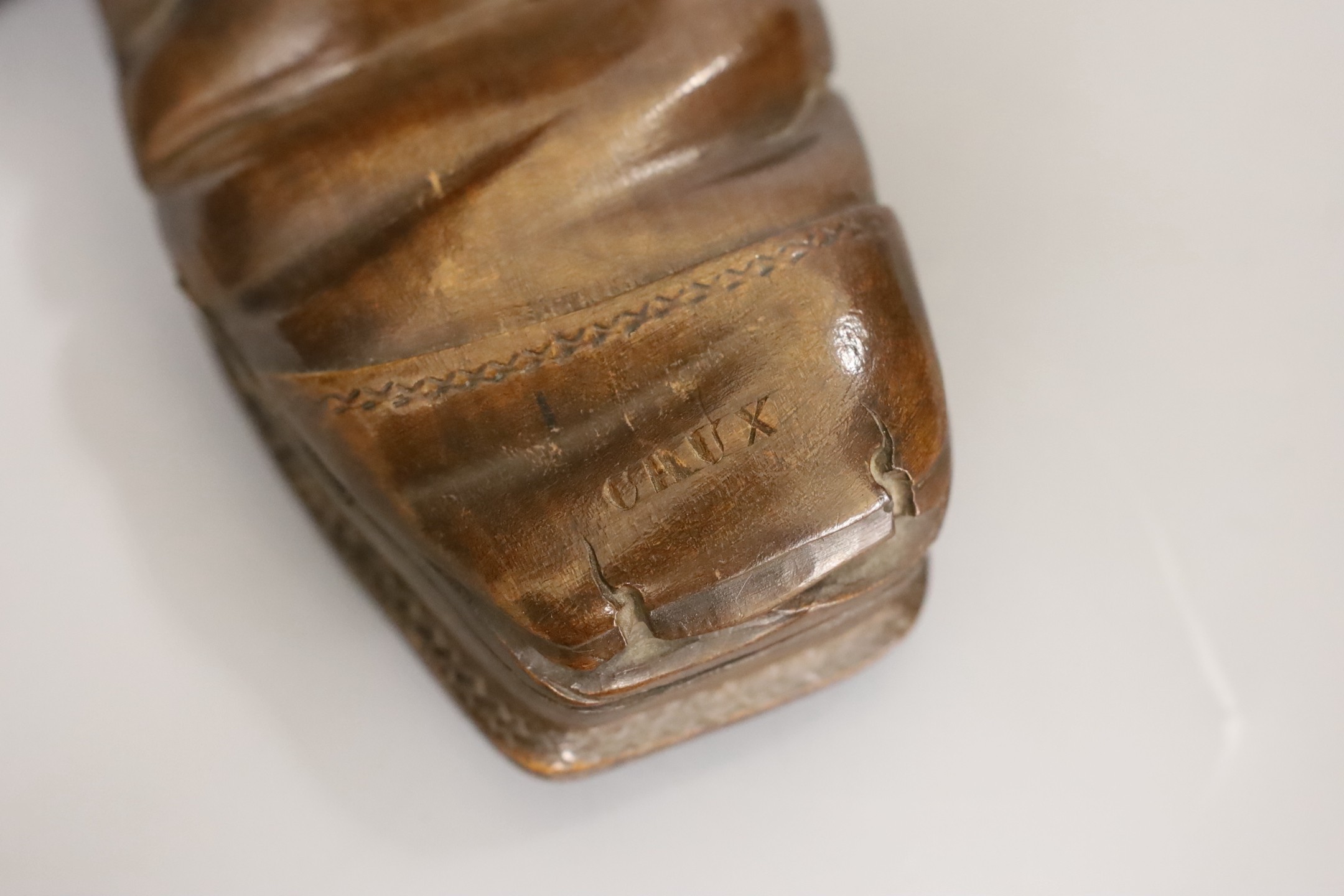 An early 20th century Swiss Caux treen 'boot' vesta case, 22cm long